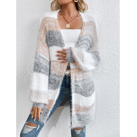 Rouge! Sweaters - Fuzzy Open Cardigan Colorblock Stripes Grey White Tan Long Sleeve w/ Pockets